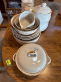 Stoneware jars, butter dish, plates, bowls
