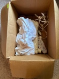 Box with pens, markers table cloth, extension cord and more