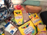 Backpack, crayons, washable markers, colored pencils, curler, markers, pencils, and more