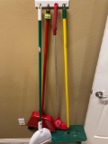 2 brooms with dustpans, cedar mop duster and resolve floor cleaner handle