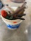 5 gallon bucket with chain, screwdrivers, clamp, scrubbie, trowel and more