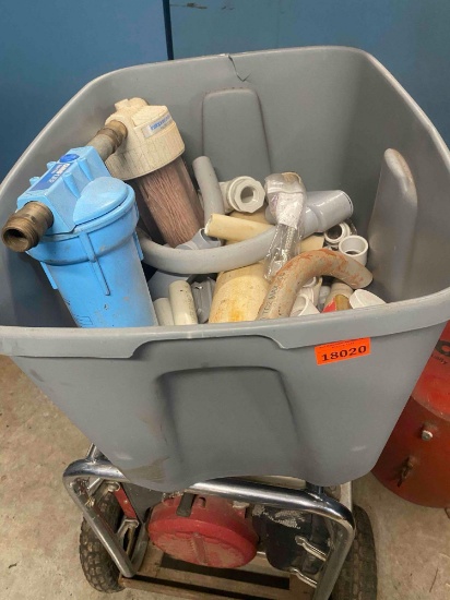 Tote with Omnifilter, misc plumbing PVC fittings, screws, supply line