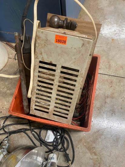 Lot contains Power converter, Trailer Hitch, grease gun, cords, piece of wood and more