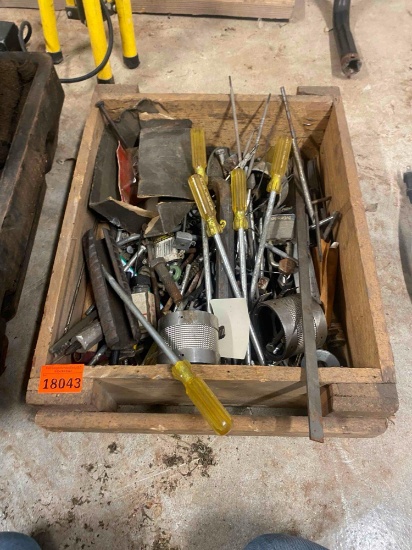 Misc hardware items, nuts, bolts, screws, screw drivers, and misc items in wooden box