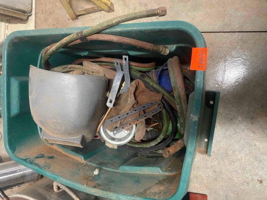 Green tote with welding hood, Oxy /acetylene hoses, grease gun and more