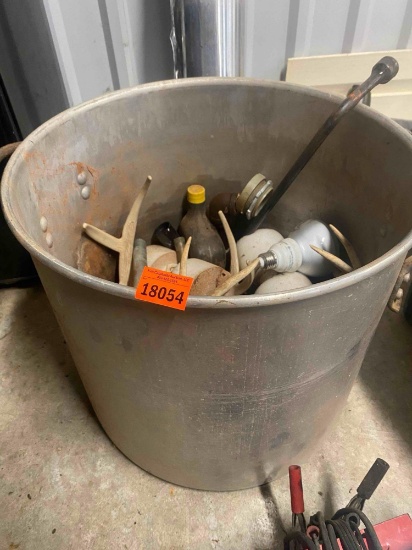 Stock pot with antlers, light bulb, screw drivers, black pipe fittings and more