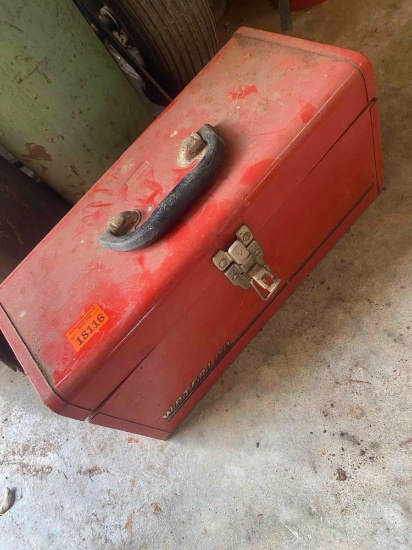 Red tool box with chain inside