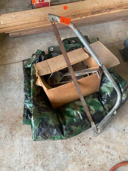 Hand saw, tarp, and misc items