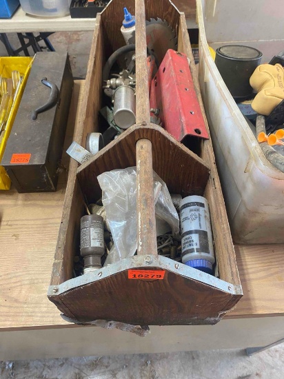 Wooden tool caddie with items