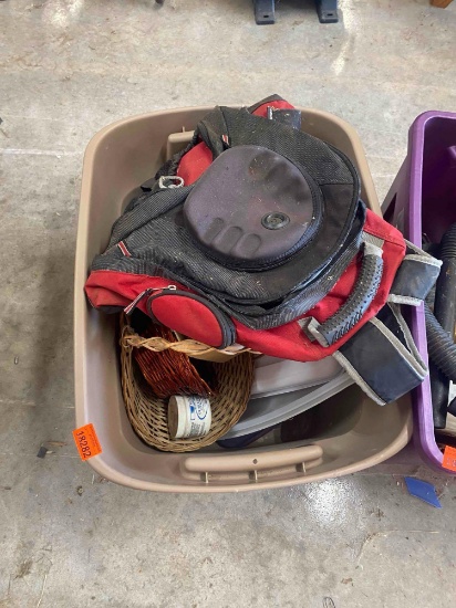Roaster pan, Misc bags, wicker basket, Speed square and other items