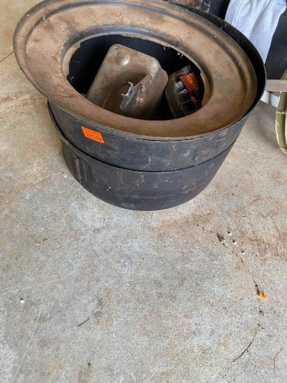 Black metal containers with hinged door and misc items