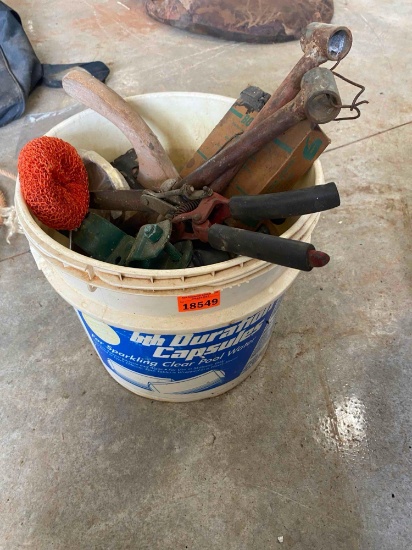 5 gallon bucket with chain, screwdrivers, clamp, scrubbie, trowel and more