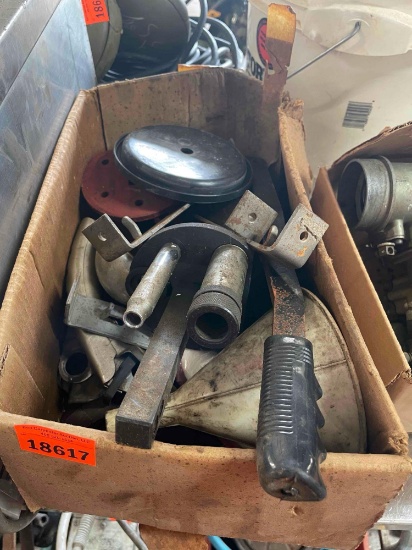 Funnel, ladel, metal brackets, Vintage oil can pour spout and much more