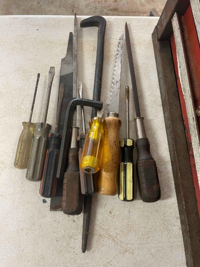 Screwdrivers, metal file, crow bar