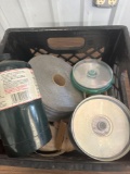 Fuel filter, sheet rock tape and other items in milk crate