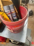 Drill bits, spray paint, rope, funnel and more in 5 gallon bucket