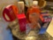 Wood decorative barrel, mirror, old spice, ace bandage wraps, glass lid, liquid soap, and a