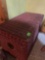 Wicker storage trunk with table cloth and toddler toys inside, see measurements in photos