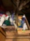 Cleaning supplies in box and wood crate