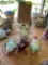 Bird house and hummingbird glass feeders on back porch