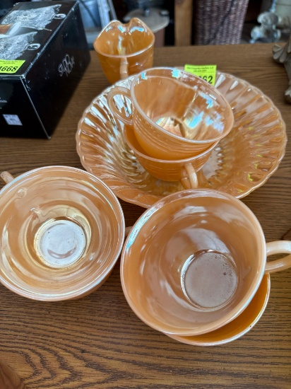 6 peach Lustre cups, swirl bowl, creamer