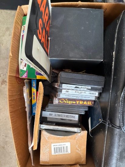 Box with brief case, DVD's scissors and more