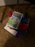 DVDs, scarf, bag, organizer, math cards, books