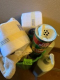 hair products, cleaning bleach, soap and toilet paper