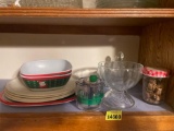 Glass dishes, plastic plates, Christmas dishes