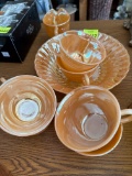 6 peach Lustre cups, swirl bowl, creamer