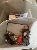 Tote with misc items inside, light covers, door knobs, and more