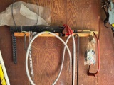 saw, ear plugs, handle and tools