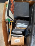 Box with brief case, DVD's scissors and more