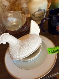 chicken decor and glass plates