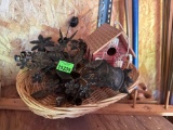 Wild corn, flowers, birdhouse, wicker basket