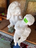 Outdoor decor, dog, frog, and a boy
