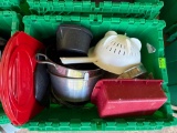 Tote with colander, pots, and pans and more