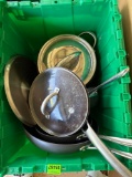 Tote with skillets and pots, pans
