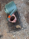 hanging baskets, pot and watering can