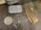 Serpent tray, muffin pans, knives, and a sharpener and a fork with deer handles