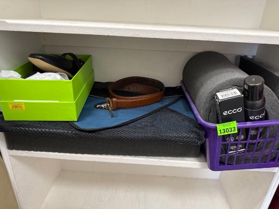 Womens shoes 6.5 size Eddie, belt, plastic basket, travel gear holder