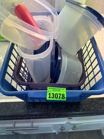 Plastic baskets and Tupperware containers with lids