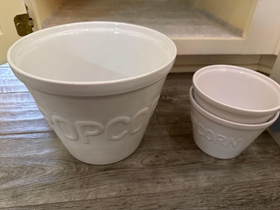 Ceramic popcorn, bowls, and Tupperware containers