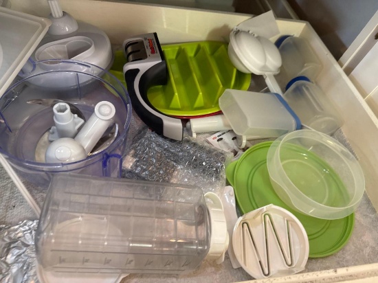 Black & Decker power pro blender, Tupperware bowls, knife,sharpener, plastic water, bottle, and more