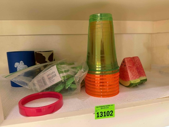 plastic cups, plastic utensils, watermelon salt Pepper shaker