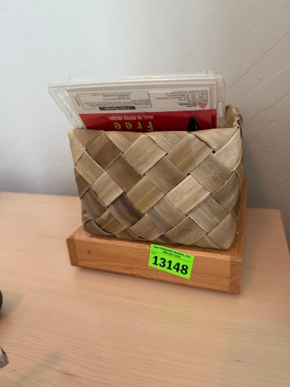 wooden holder, basket, labels, tape