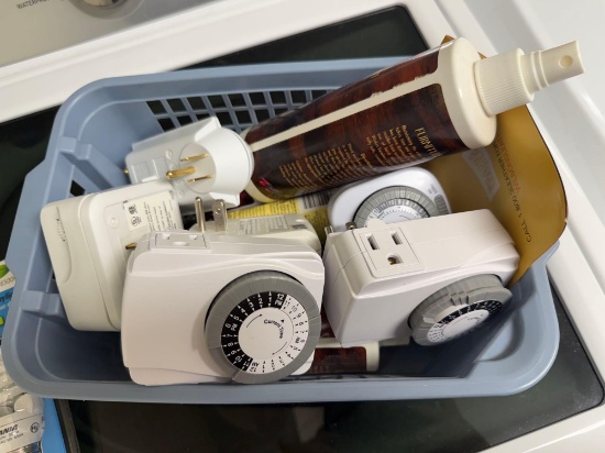 timers, mice killers, lightbulbs, furniture cleaner, tissue boxes, outlet plugs