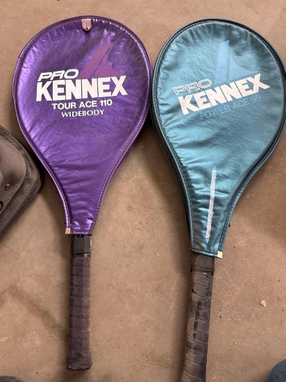 Two tennis rackets and hanging garment bag, Samsonite