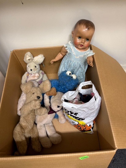 stuffed animals, doll and clothes