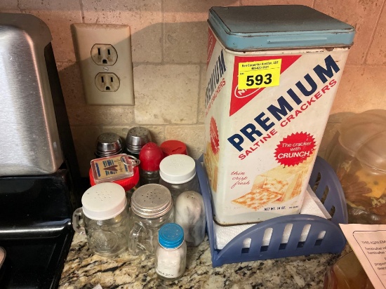 Salt and pepper shakers and tin container